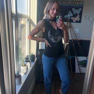 Black cut out graphic tank